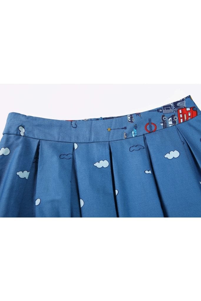 Royal Blue Iconic London Travel Box Pleat Skirt with Pockets