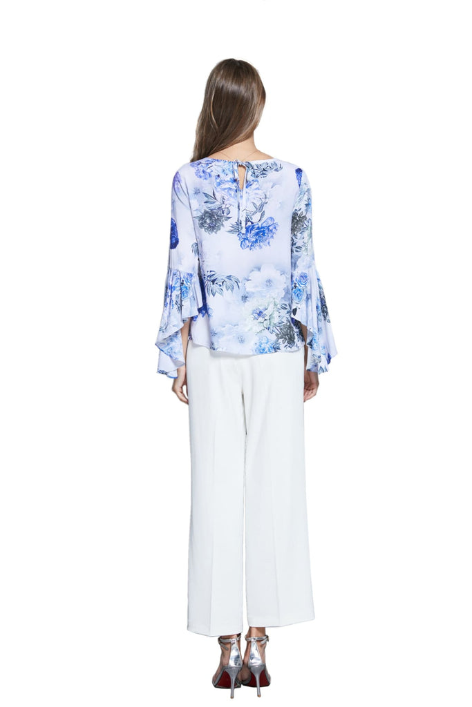 Scoop Neck with Blooming Blue and Purple Flower Bell Sleeve Top