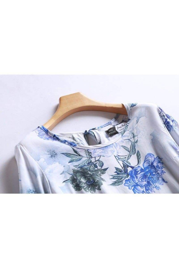 Scoop Neck with Blooming Blue and Purple Flower Bell Sleeve Top