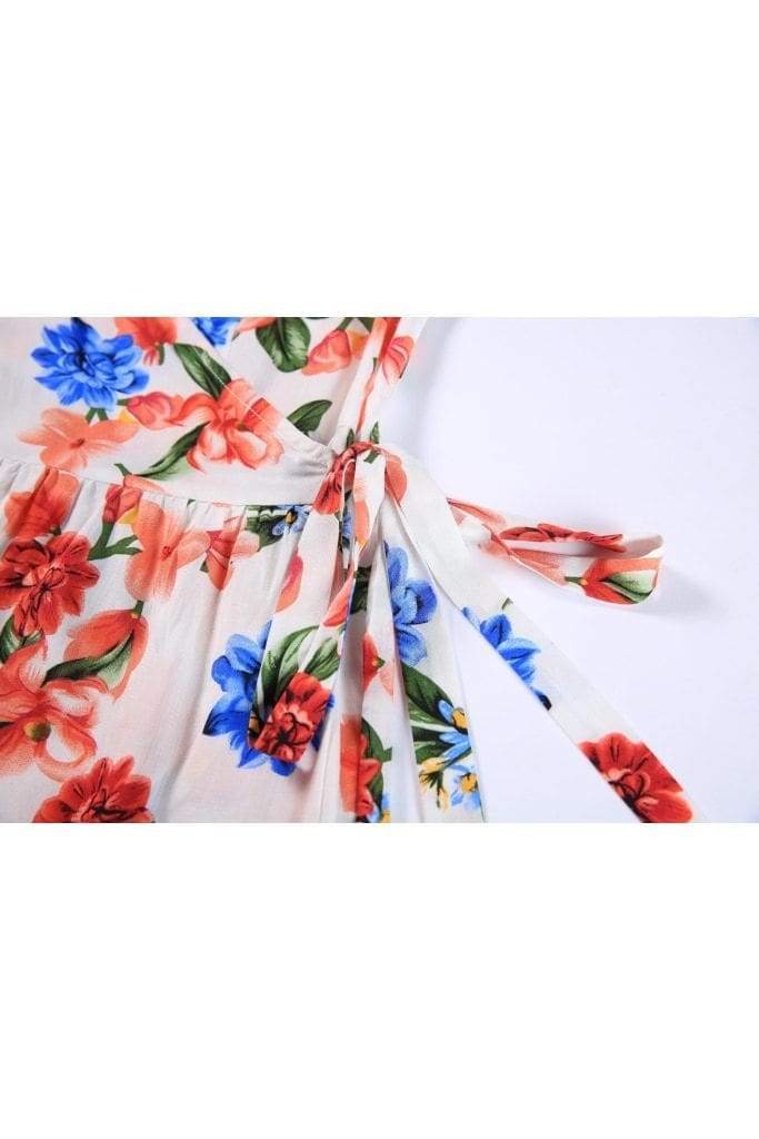 Soft White with Red and Blue Flower Ruffle Sleeve Wrap Top