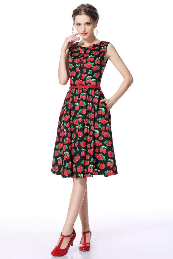 Strawberry Buttoned Boat Neck Vintage Swing Dress