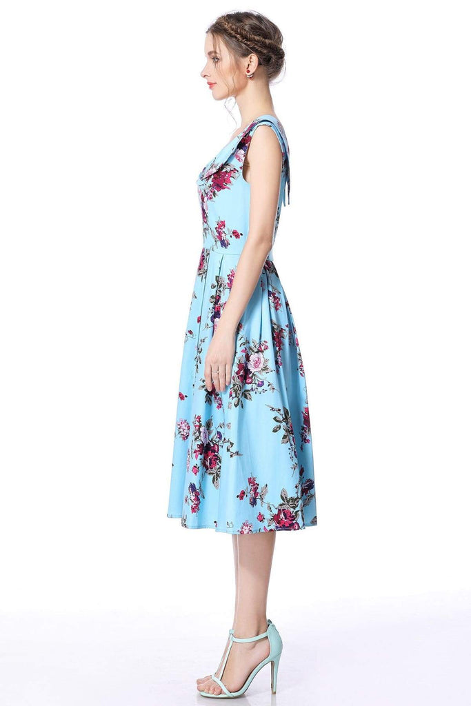 Tiffany Blue Rose Garden Cross Neck Vintage Swing Dress