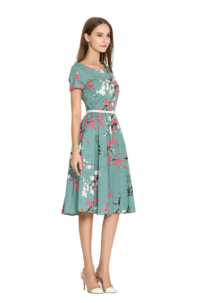 Turquoise Green with Pink & White Blossom Scoop Neck Vintage Dress with Sleeves