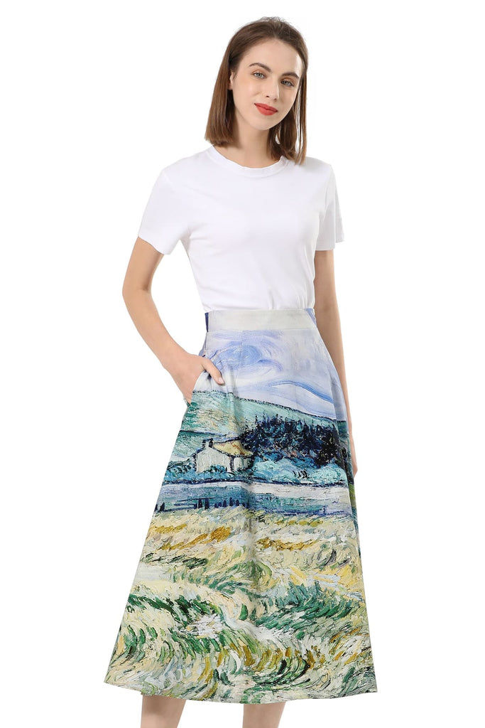 Van Gogh Placed Farm Field Print with Clear Skies Aline Cotton Skirt with Pockets