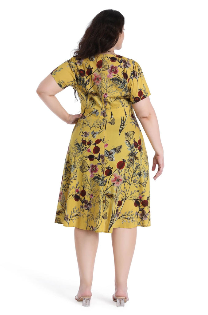 Whimsical Yellow Keyhole Short Sleeve with Red Berry Flower & Beautiful Butterflies A Line Cotton Dress with Pockets