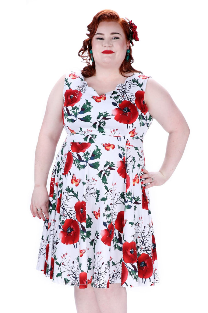 White with Gorgeous Red Peony and Butterfly Scallop Neckline A Line Dress