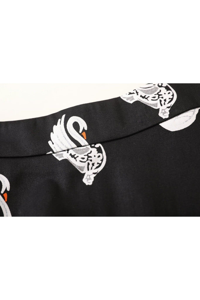 White Swan on Black Cotton A Line Skirt with Pockets