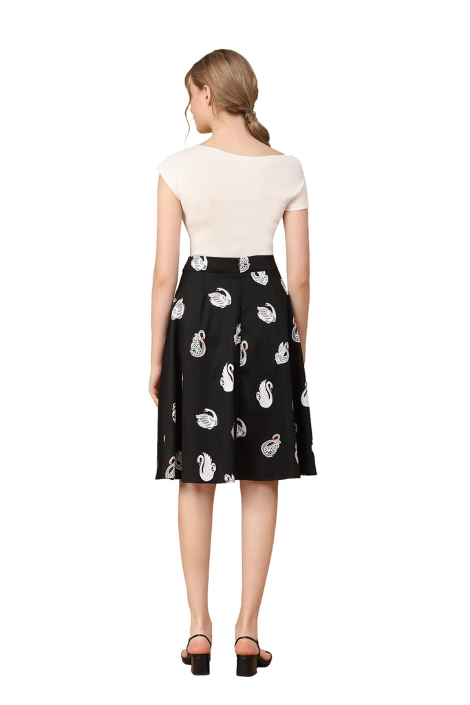 White Swan on Black Cotton A Line Skirt with Pockets