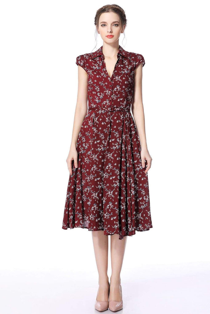 Wine Red Blossom Collared Vintage Dress