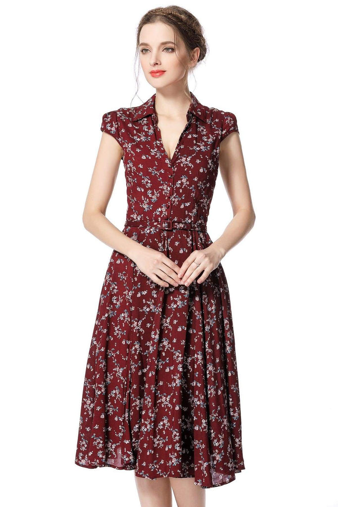 Wine Red Blossom Collared Vintage Dress