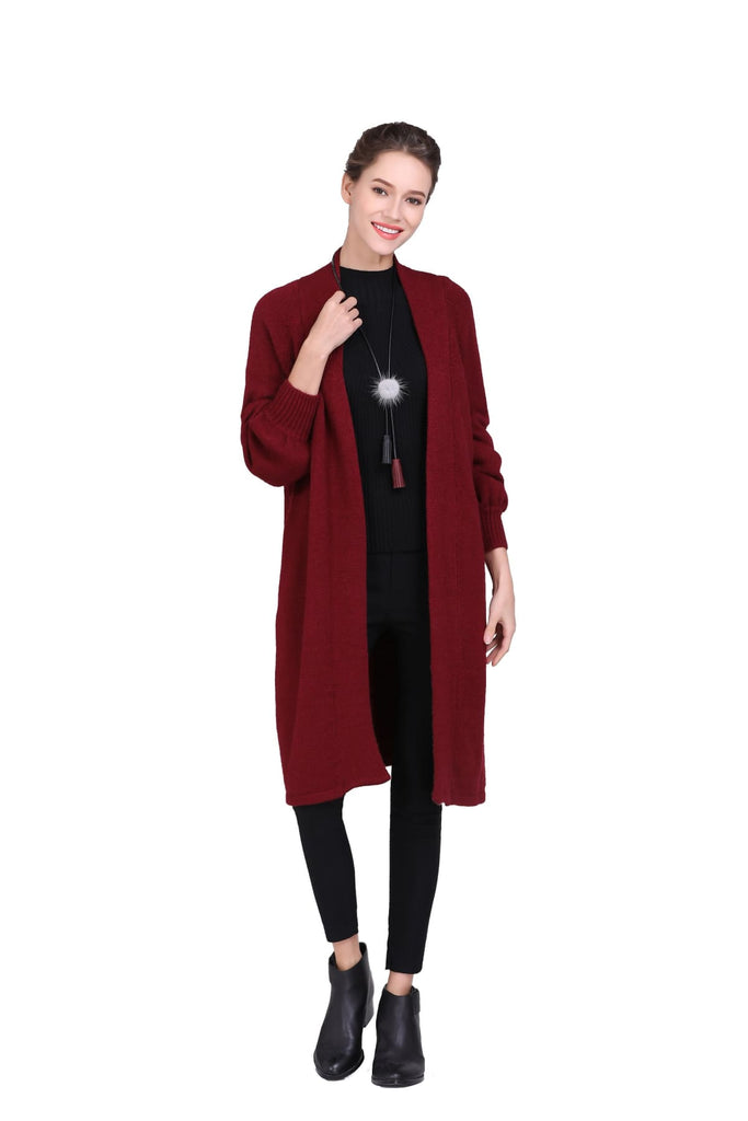 Wine Red Knitted Coat with Pockets