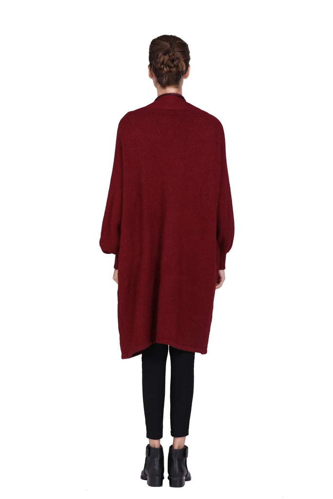 Wine Red Knitted Coat with Pockets