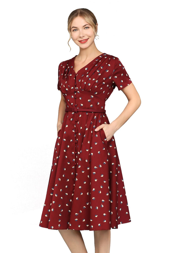 Wine Red with White & Blue Leaf Painted V Neck Button Front A Line Short Sleeve Cotton Dress with Pockets
