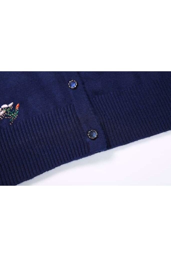 Wool Blend Bouquet Embroidered Navy Embellished Cardigan