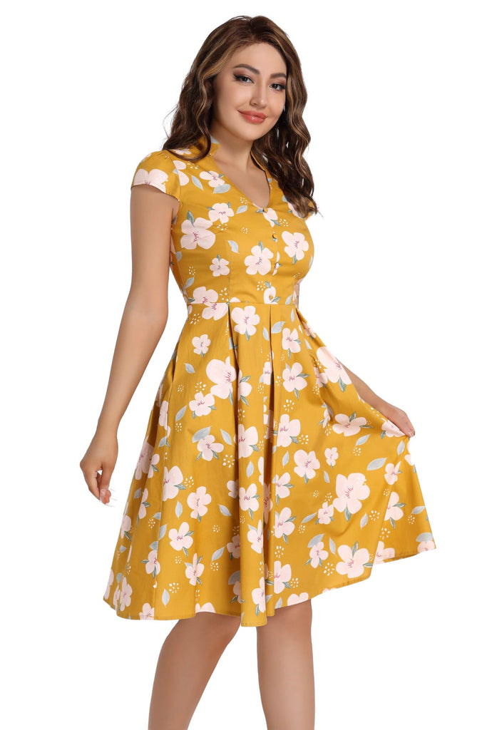 Yellow with Pink Flower V Neck Collared Box Pleat Vintage Dress with Cap Sleeves